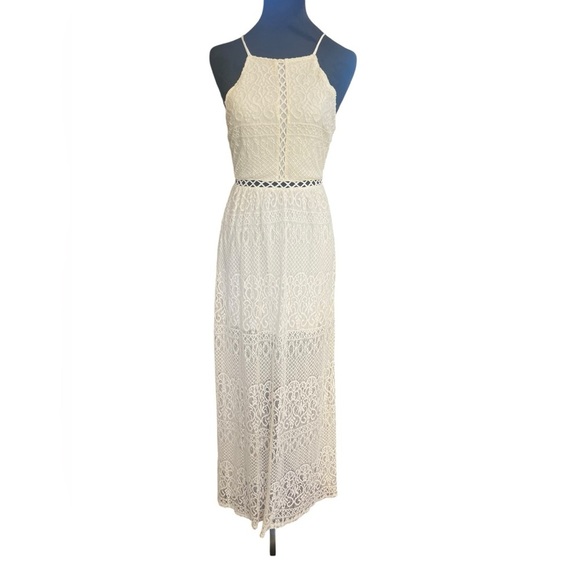 Hollister Dresses & Skirts - Hollister Ivory Crochet Lace Strappy Halter Maxi Dress Long Slit SZ XS